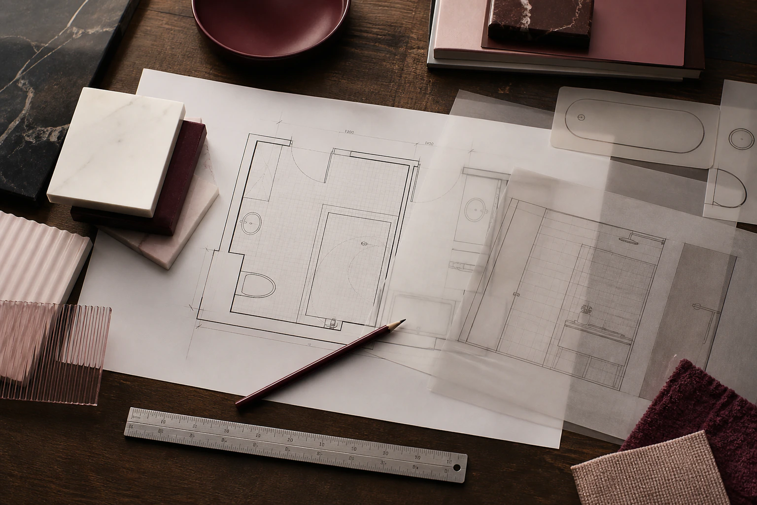 Measured bathroom floor plan with material samples on a design table