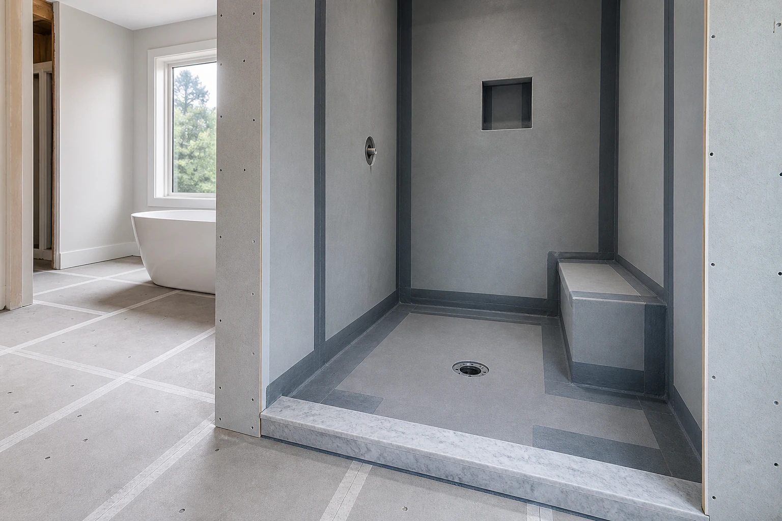 Bathroom shower in the waterproofing assembly stage before tile